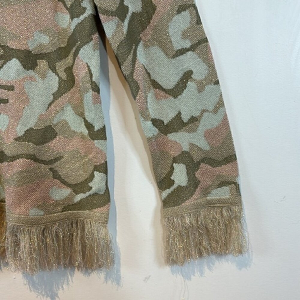 Gabby Isabella Camo Print Metallic Fringed Cardigan Size Small - Picture 6 of 11